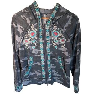 Mur Mur Camo Zip Up Hoodie Women Small Grey Floral Embroidered Boho Southwestern